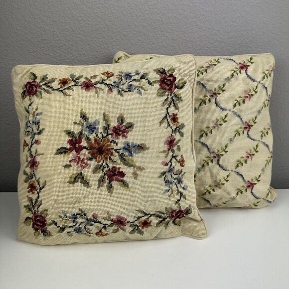 VTG Needlepoint Pillow Set Cream‎ Flowers Hand Stitched Prairiecore Cottagecore
